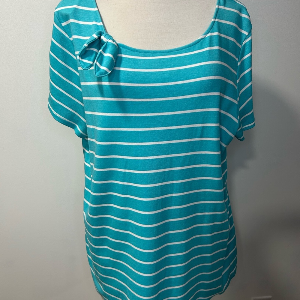 Croft & Barrow Striped Teal and White Women's Top with Bow